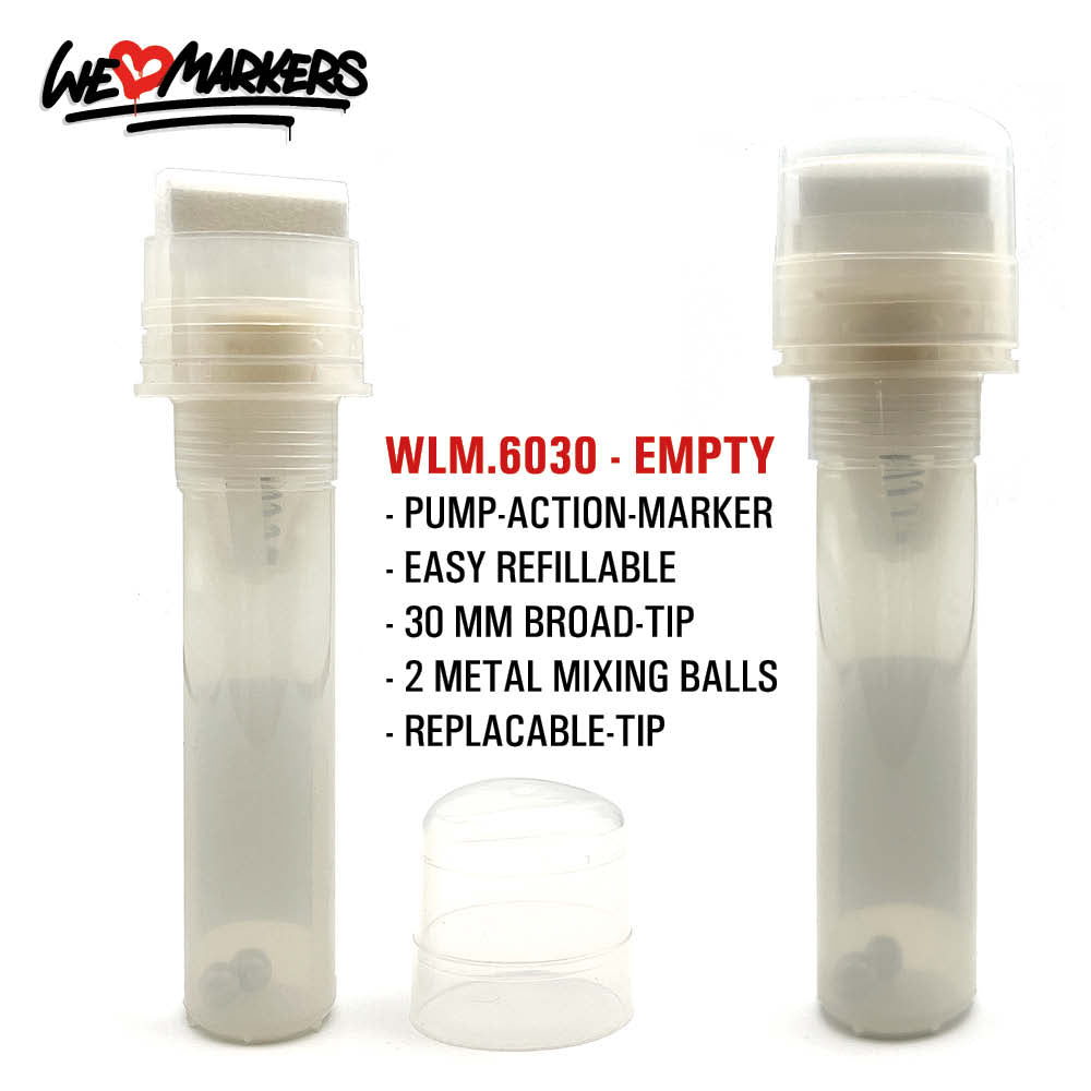WLM 6030 EMPTY PUMP-ACTION MARKER PEN WITH 2 MIXING BALLS - 30MM BROAD
