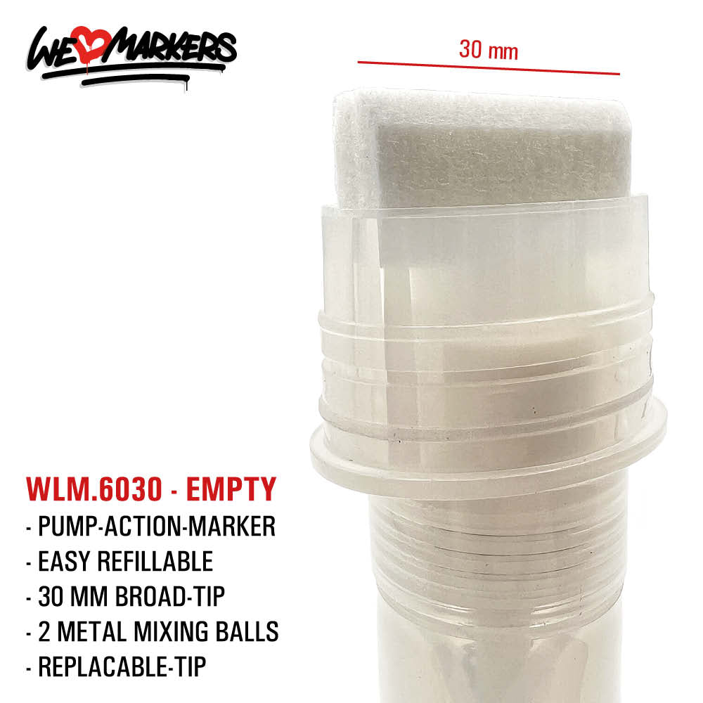 WLM 6030 EMPTY PUMP-ACTION MARKER PEN WITH 2 MIXING BALLS - 30MM BROAD